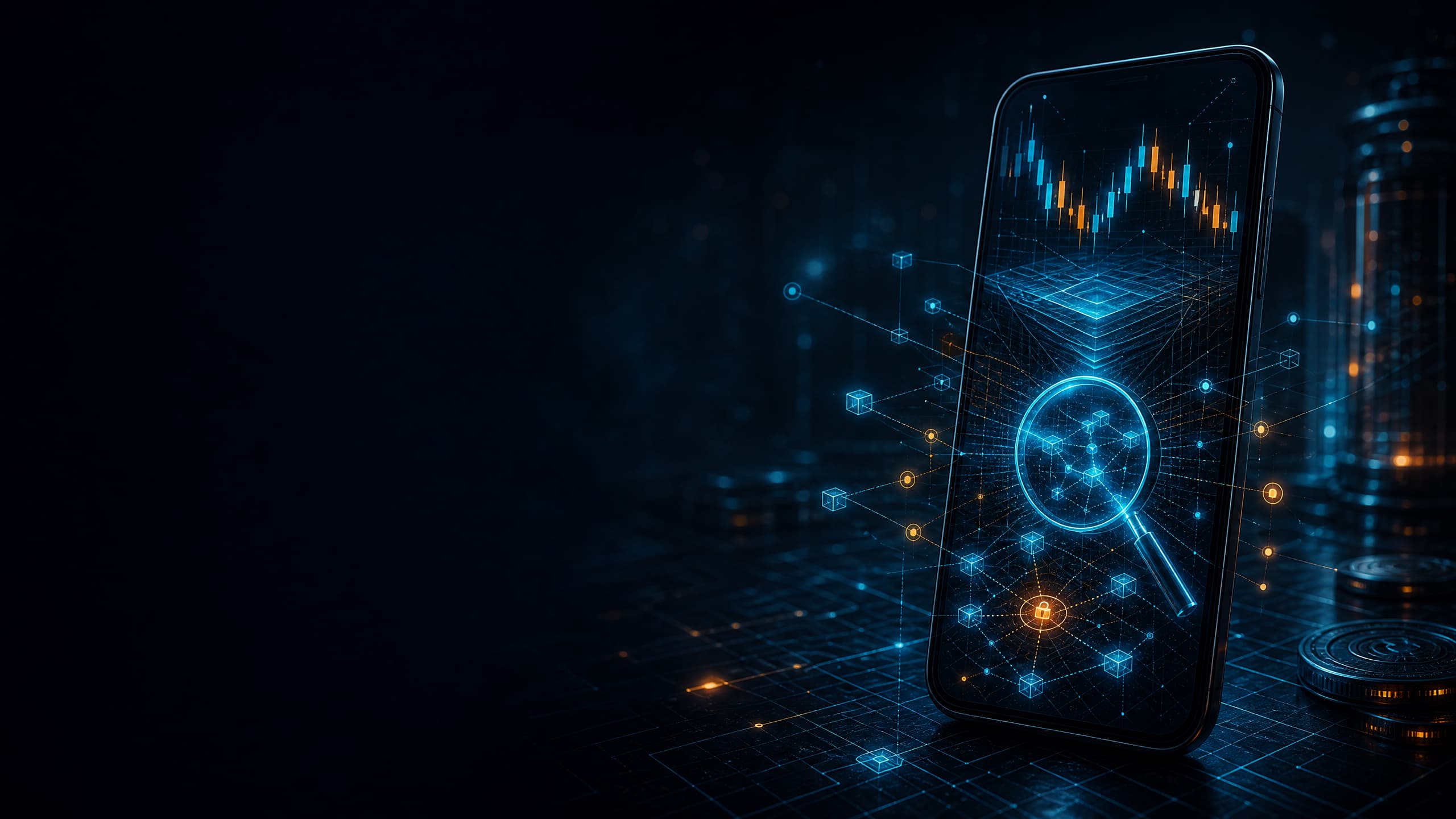 Mobile decentralized exchange research concept with analytics lens and network nodes