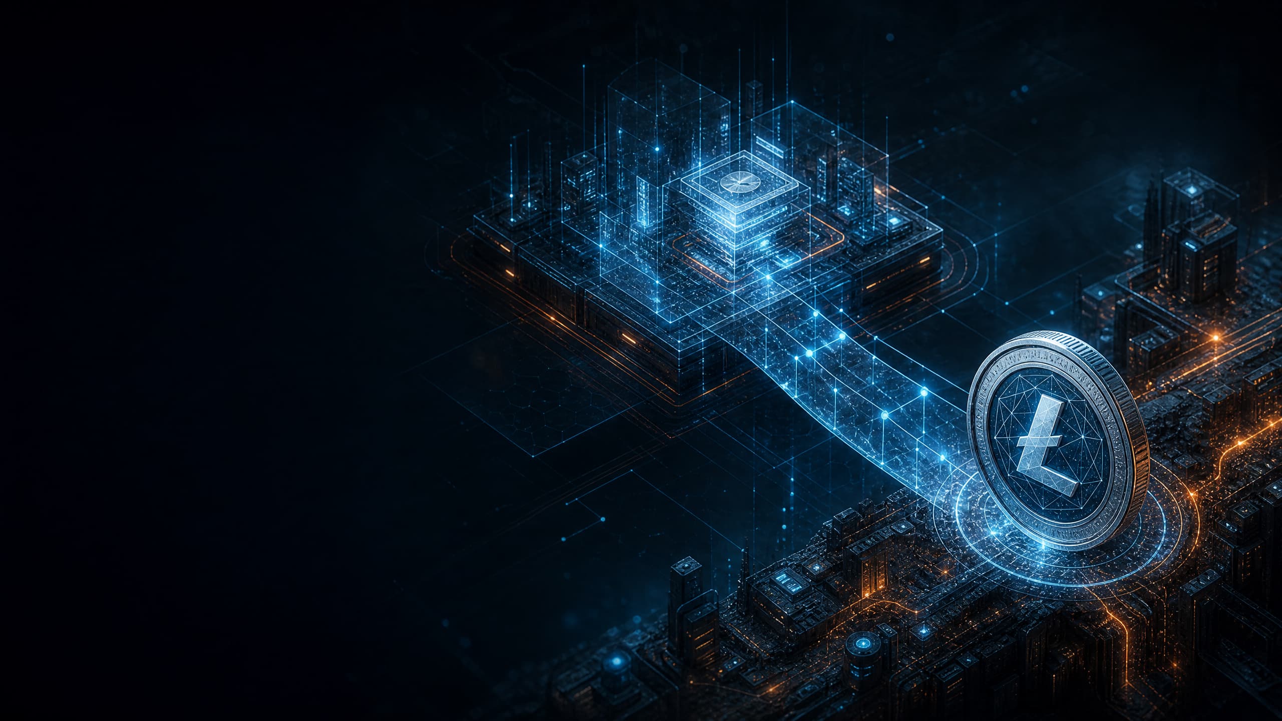 Litecoin-inspired base layer connected by a glowing proof bridge to an EVM testnet city