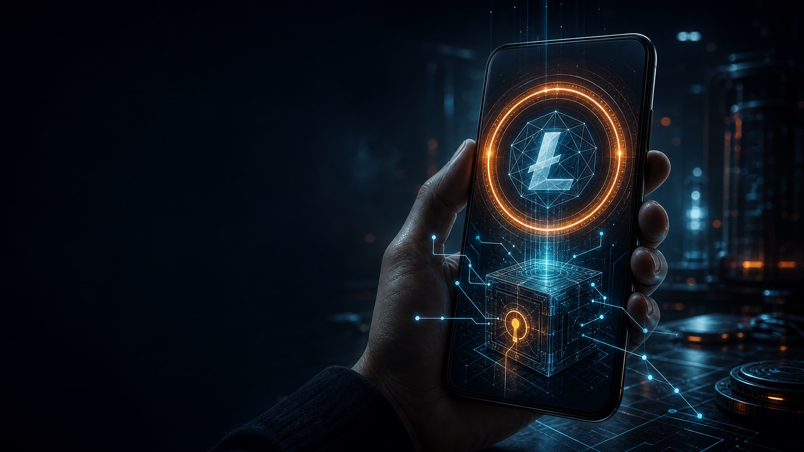 Secure mobile self-custody wallet concept with Litecoin-inspired network geometry