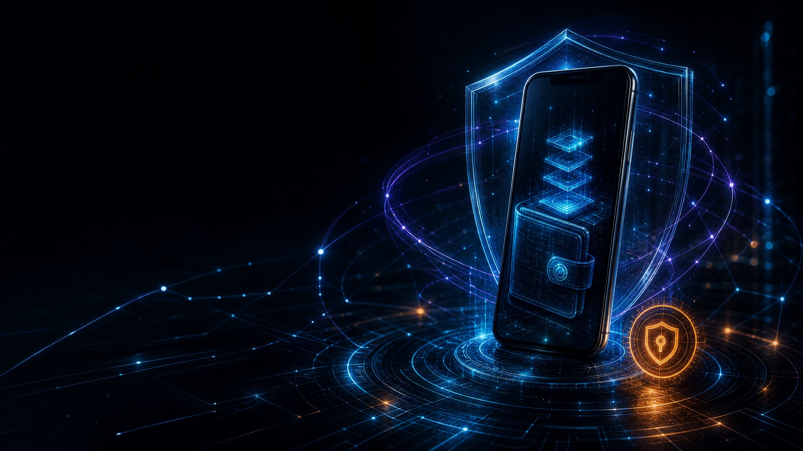 Secured mobile wallet concept surrounded by an abstract Solana-inspired network shield